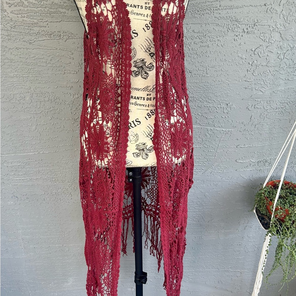Rare handmade Crochet Fringe Vest in Burgundy